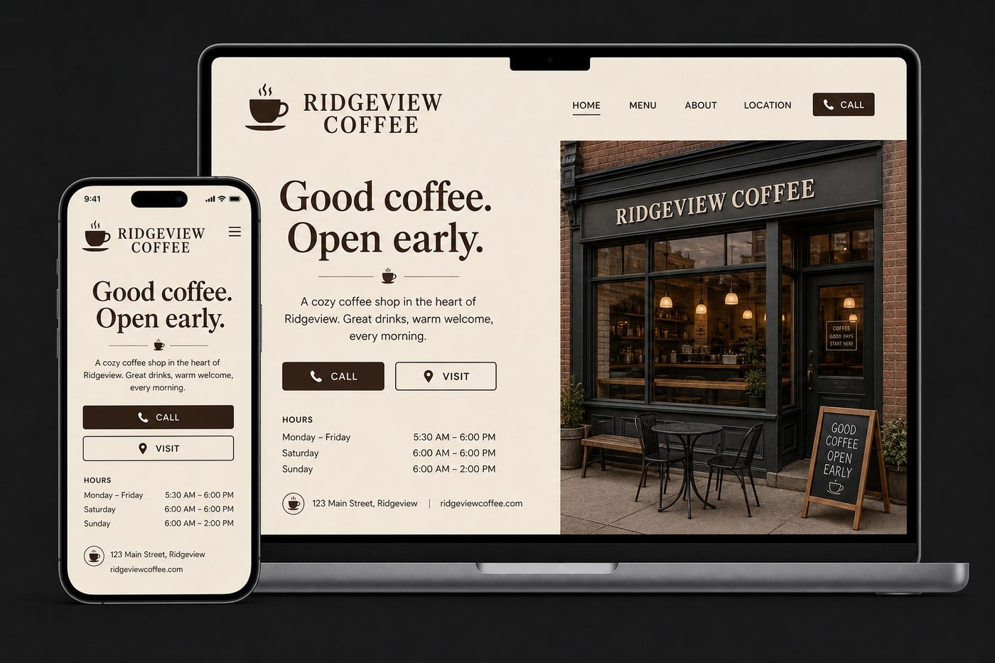 Sample coffee shop website on phone and desktop
