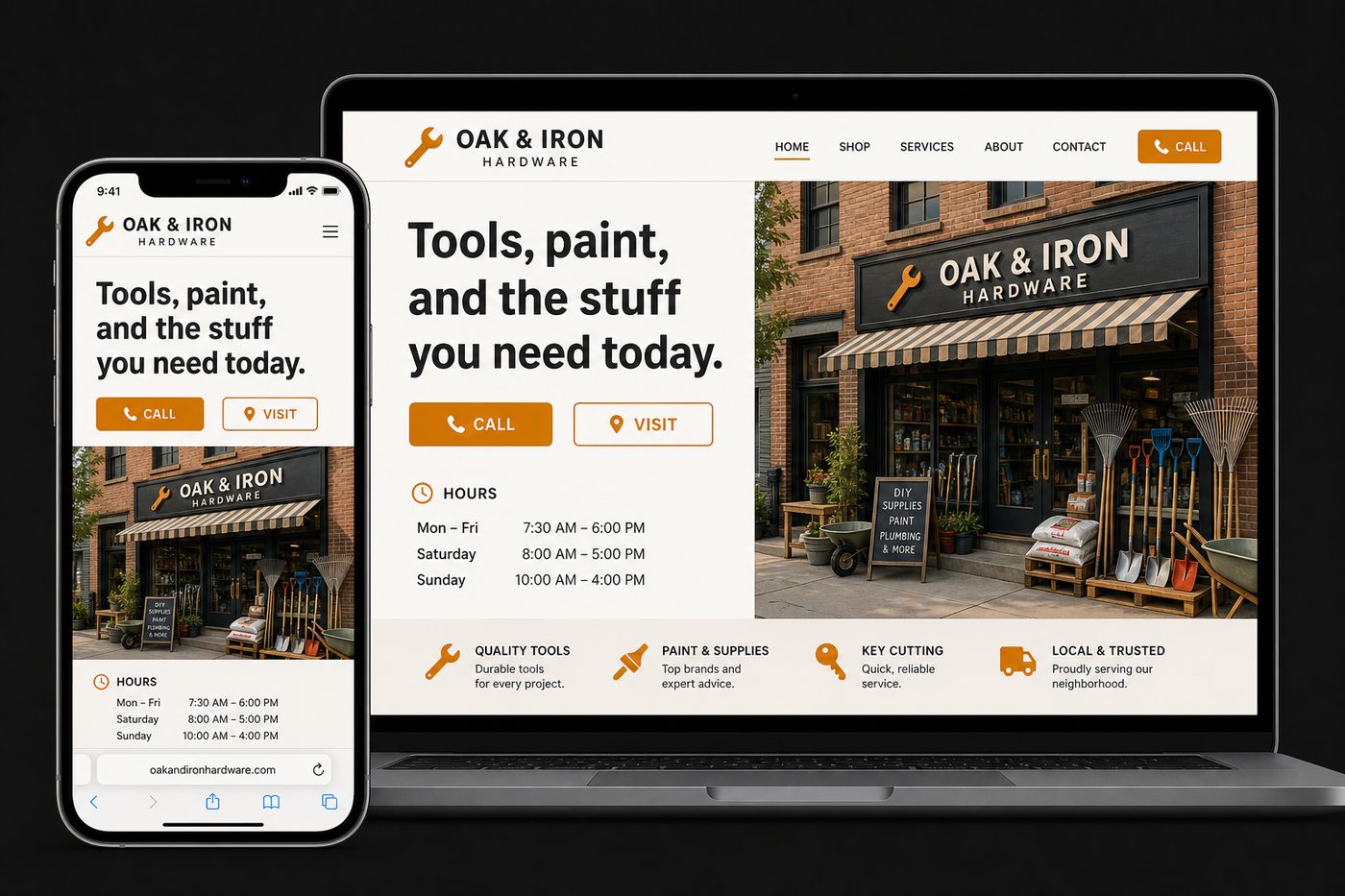 Sample hardware store website on phone and desktop