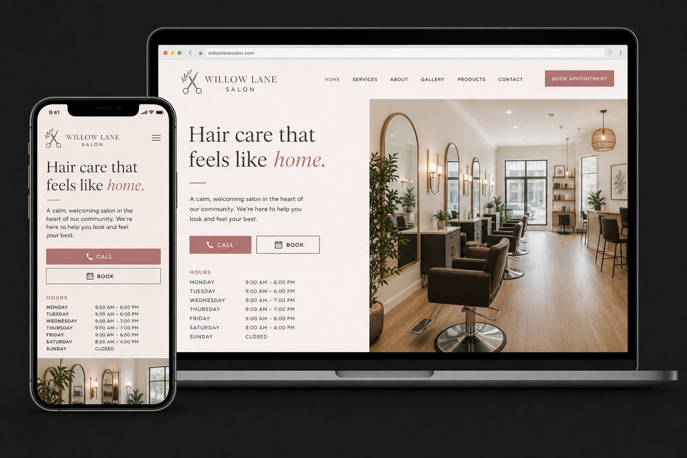 Sample salon website on phone and desktop