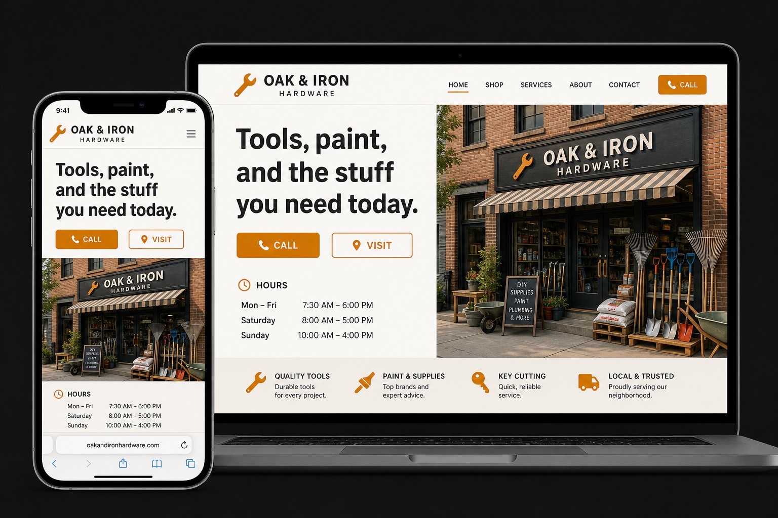 Sample hardware store site shown on phone and desktop — Call and Visit on both