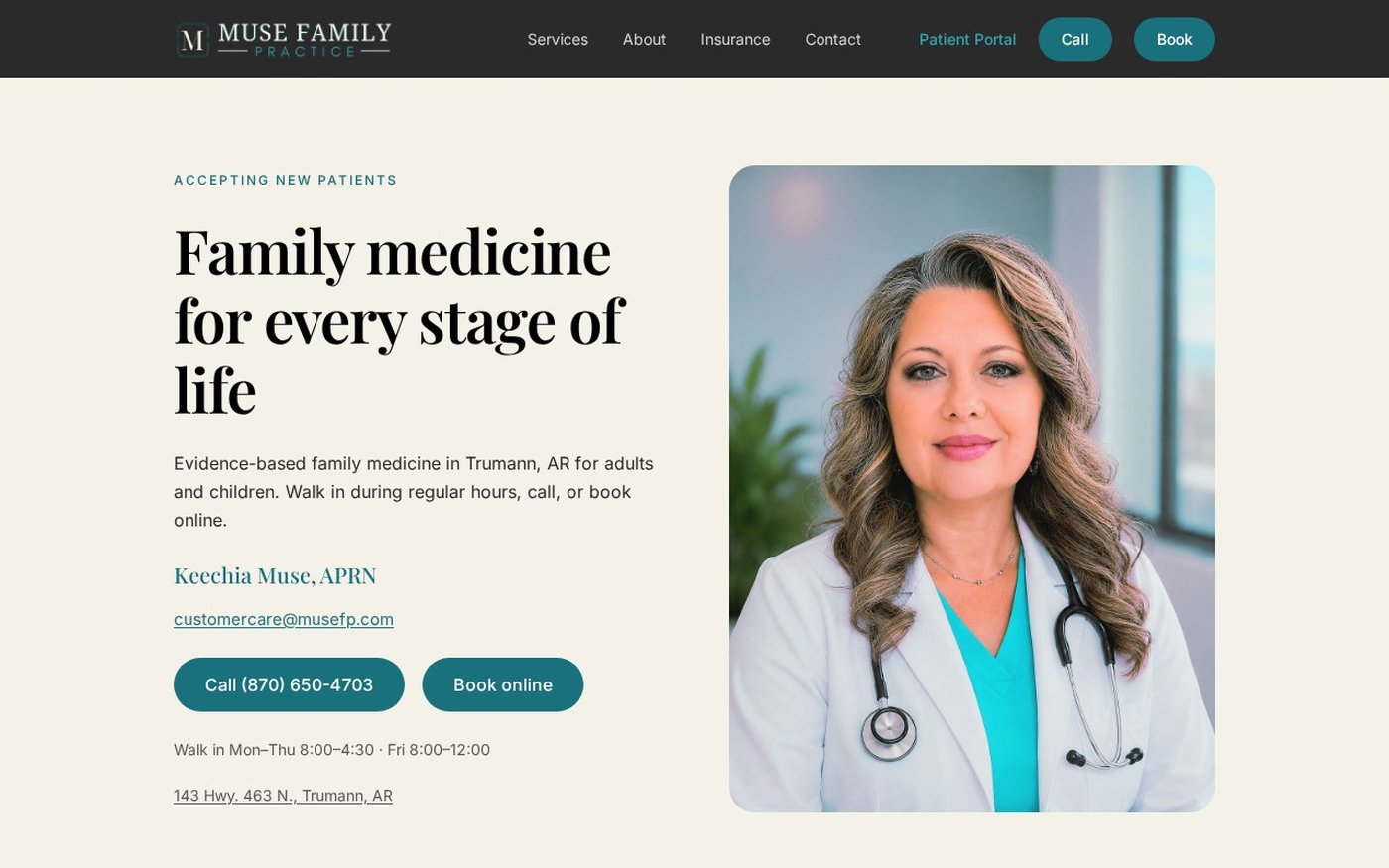 Screenshot of the live Muse Family Practice website at musefp.com