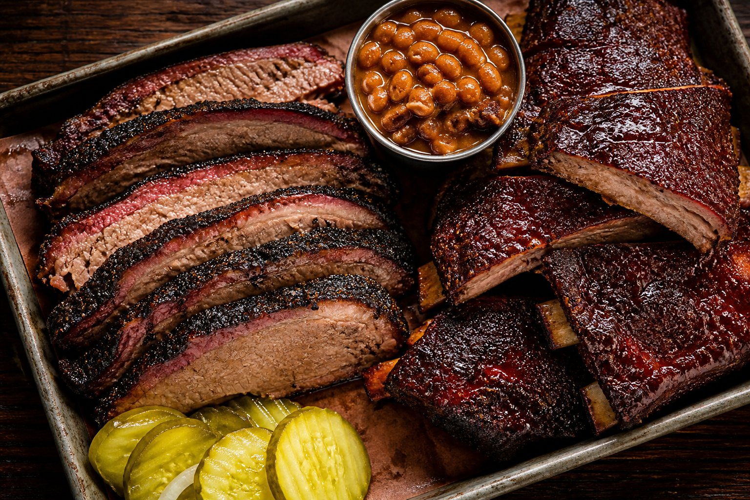 BBQ tray with sliced brisket, ribs, pickles, and baked beans