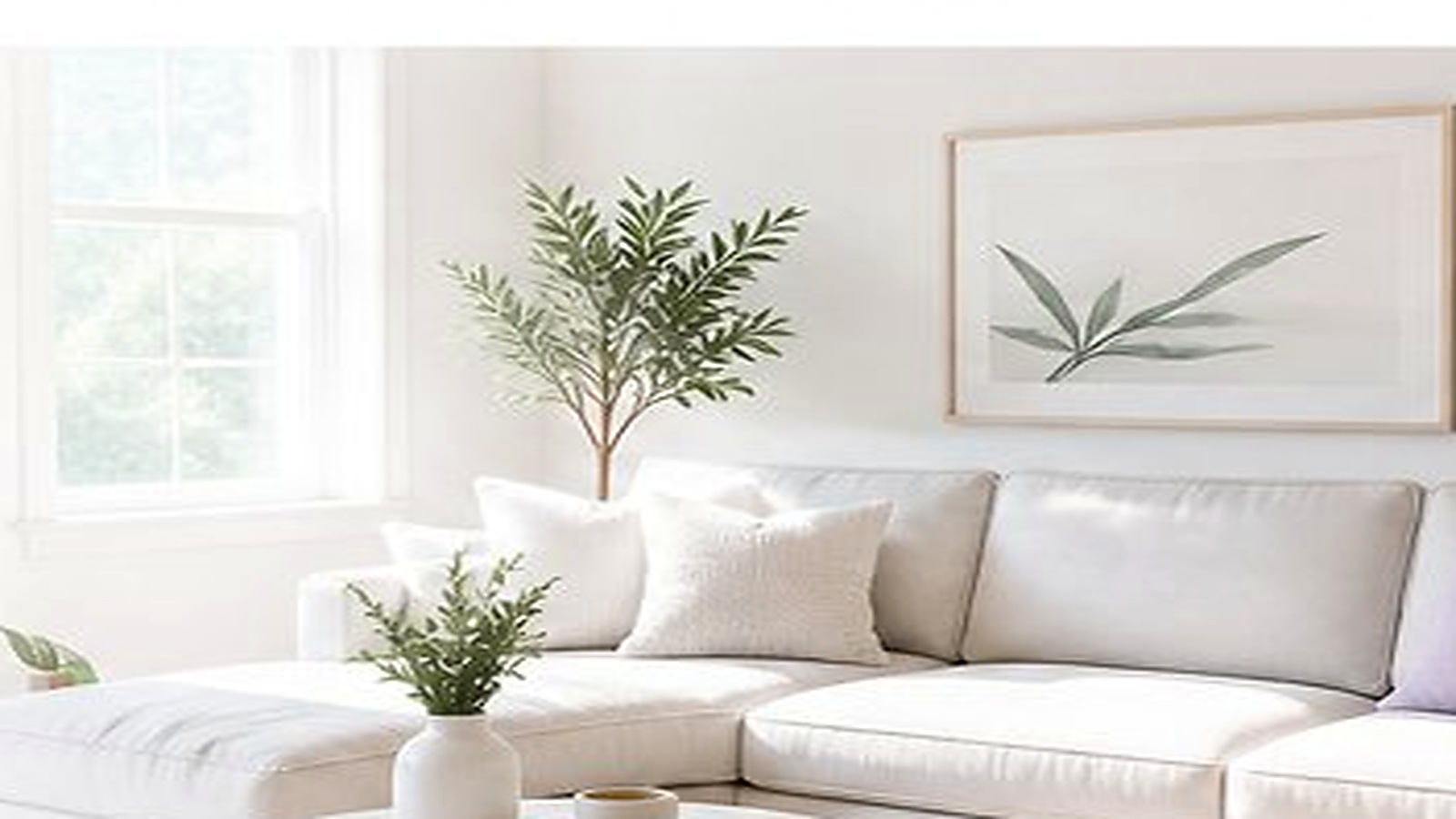 Bright, clean modern living room with white sofa
