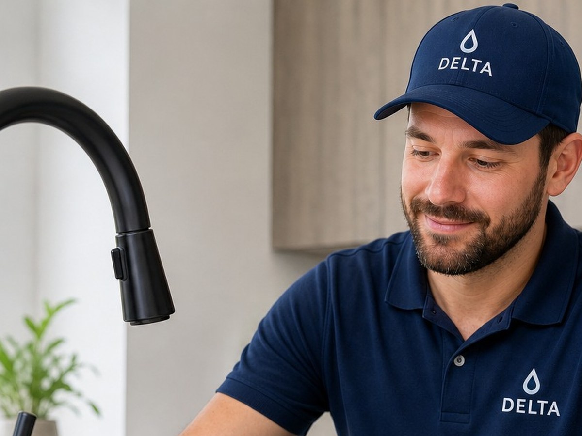 Delta Drain & Plumbing technician fixing a kitchen faucet